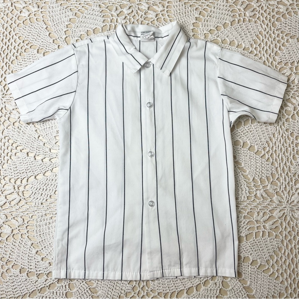 Vintage 1980s Happy Fella Boys 7 Years White Black Striped Button Up Shirt
